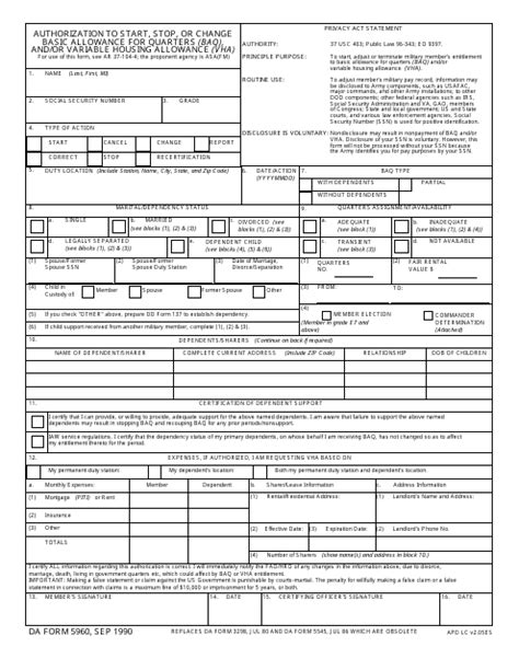 DA Form 5960 is used by the US Army to request and authorize certain allowances and entitlements. The main purpose of this form is to facilitate the process of receiving benefits and allowances for military personnel and their dependents. This form consists of four parts, including Personal Data, Dependency Data, Basic Allowance for Housing (BAH) Data, …. 