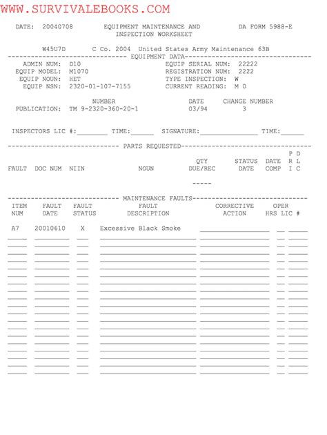 DA Form 5988-E, Equipment Maintenance and Inspection Worksheet (EGA), is a form used to record faults found during the inspection of Army-owned equipment after missions. These faults include PMCS, maintenance activity …
