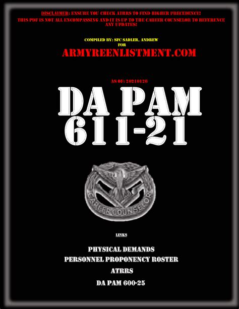 Document History. DA PAM 611-21. December 20, 2022. Military Occupational Classification and Structure. Purpose This pamphlet provides a summary of officer, warrant officer, and enlisted classification structures. The procedures contained in this pamphlet implement policy contained in AR 611–1. The... DA PAM 611-21. July 19, 2018.. 