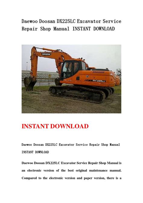 Daewoo doosan dx225lc excavator service shop manual. - Piper pa 32rt 300 300t lance ii service parts manuals.