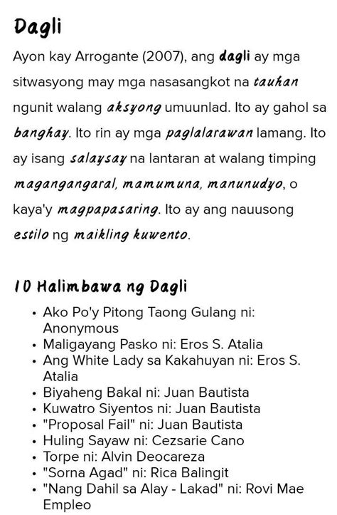 Dagli brainly.  &ldquo;Talagang tama ka.  Sinasabing ang dagli ay nagsimula noong ...
