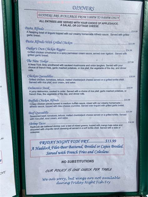 Daikers menu. Sep 26, 2020 · Share. 232 reviews #11 of 21 Restaurants in Old Forge $$ - $$$ American Bar Pub. 161 Daikers Cir Fourth Lake, Old Forge, NY 13420-3401 +1 315-369-6954 Website. Open now : 12:00 PM - 02:00 AM. 