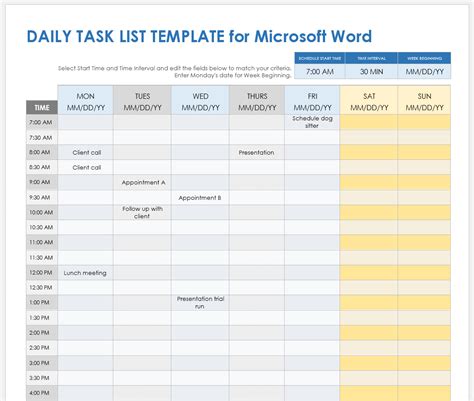 Daily Schedule Template Word task list templates