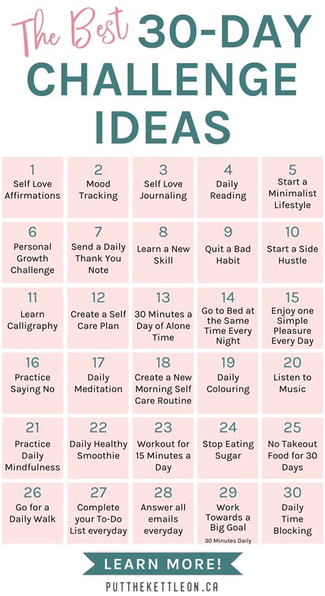 If this sounds like you, try this 30-day challenge and spend at least 30 minutes daily on one of your hobbies - knitting, cooking, reading, drawing, or anything else that you love doing. 46. Meditate for at least 5 minutes . Meditation has many proven benefits including stress management, self-awareness, improved mood, creativity, and .... 