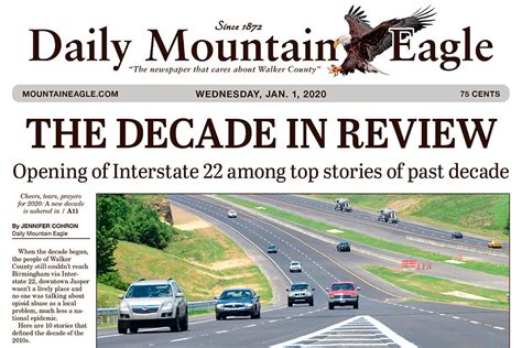 Daily mountain eagle jasper. About the Archive. The Daily Mountain Eagle (Jasper, AL) archive contains articles from 1998 to current. Searching is free and unlimited. There is a small fee for complete articles retrieved from our archive. You may purchase individual articles or select a package for multiple articles. . To view the complete article, you must click on an ... 