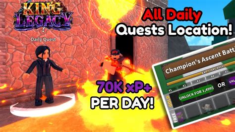 Daily quests king legacy. We added three new codes on October 16, 2023. Get the latest King Legacy codes here, a game which is currently one of the most popular in Roblox. The game is inspired by the massive manga series, One Piece. If you've ever read manga or watched anime, then this is the game for you. You'll encounter lots of different characters, Devil … 