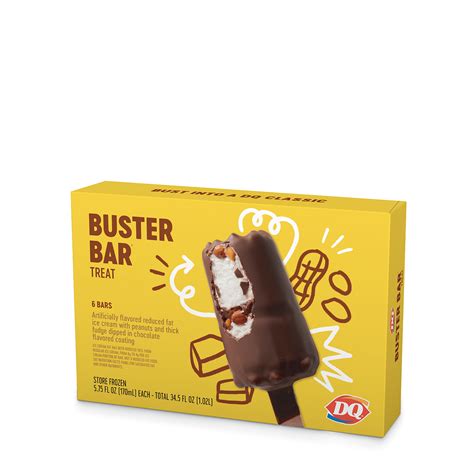 Dairy queen buster bar. Dairy Queen Buster Bar. Nutrition Facts. Serving Size. bar. Amount Per Serving. 500. Calories % Daily Value* 43%. Total Fat 28g. 75% Saturated Fat 15g Trans Fat 1g. 5%. Cholesterol 15mg. 10%. ... Top Dairy Queen Items. Dairy Queen Vanilla Soft Serve. 0.5 cup. Log food: Dairy Queen Cheeseburger. 1 sandwich. Log food: 