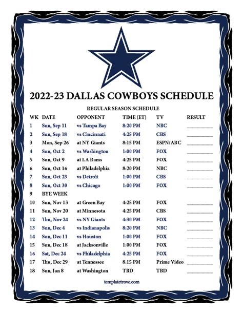 Dallas Cowboys Printable Schedule 2022