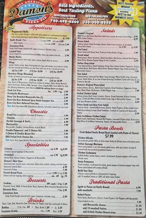 Damon's all american pizza pie menu. Order delivery or pickup from Papa Pizza Pie in Glendora! View Papa Pizza Pie's April 2024 deals and menus. ... Papa Pizza Pie Menu Info. American, Fast Food, Pizza $$$$$ $$ ... American. 35–50 min. $6.99 delivery. 37 ratings. The Donut Man. American. 25–40 min. $2.99 delivery. 82 ratings. Rainbow Donuts. American. 35–50 min ... 