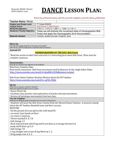 Dance Lesson Plan Lesson Plan Templates How To Plan Lesson
