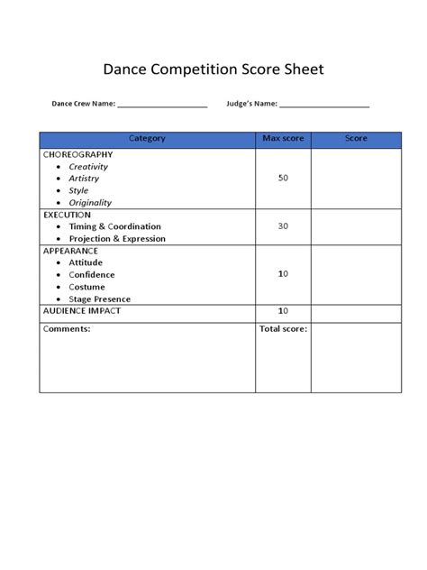Dance Score Sheet PDF