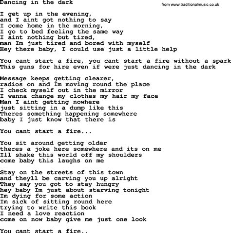 Dancing in the dark lyrics. Things To Know About Dancing in the dark lyrics. 