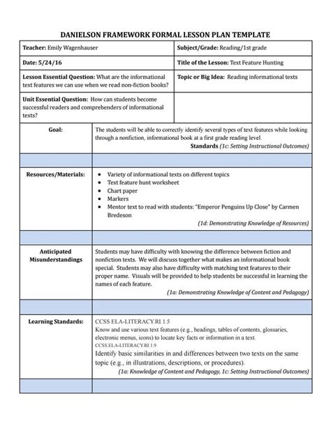 Danielson Framework Lesson Plan Template Beautiful Text Feature Hunt