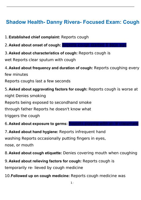 Week 5 Shadow Health Digital Clinical Experience Focused Exam: Cough Documentation. SUBJECTIVE DATA: Cough. Chief Complaint (CC): Cough History of Present Illness …. 