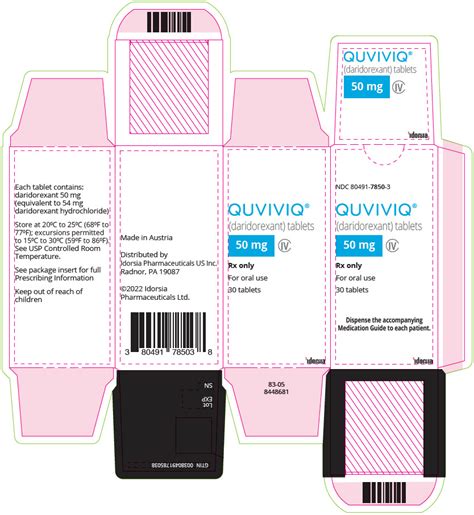 Daridorexant cost. QUVIVIQ (daridorexant) tablets are available as: 25 mg: light purple, arc -triangle shaped, film-coated tablet debossed with “25” on one side and “i” (Idorsia logo) on the other side, containing 25 mg daridorexant. 50 mg: light orange, arc -triangle shaped, film-coated tablet debossed with “50” on one side and “i” 