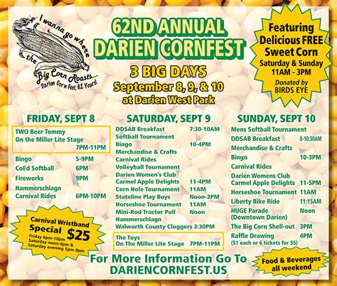 Darien corn fest 2023. Contact Cornfest. Darien Cornfest Parade Info. 1. The Parade will start with the Liberty Bike Ride at 10:15. The Liberty Bike Ride is a group of Military Veterans on motorcycles giving tribute to our current and lost Military men and women. If you are a veteran and would like to ride your motorcycle (all kinds welcome) in the Liberty Bike Ride ... 