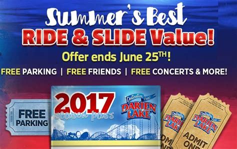 Darien lake season tickets. Grab Your Darien Lake Season Pass BEFORE Midnight Sunday for ONLY $69.99 & Get These FREE Perks: - FREE Parking ALL SUMMER - FREE Bring-a-Friend Tickets (2 total) - FREE In-Park Concert Series... Grab Your Darien Lake Season Pass... 