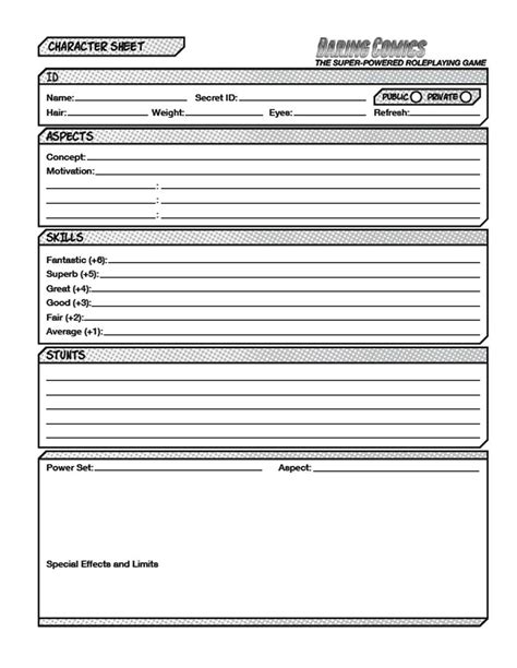 Daring Comics RolePlaying Game Character Sheet Download Daring
