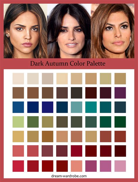 Dark autumn color palette. As mentioned above, the colors are bold and have a high chroma. On the other hand, deep or dark autumn color palettes have softer contrasts and richer, warmer hues. They also have a medium chroma contrasting with deep winter's higher chroma. As sister palettes with True Winter, dark autumn also shares the darkness of dark winter. 
