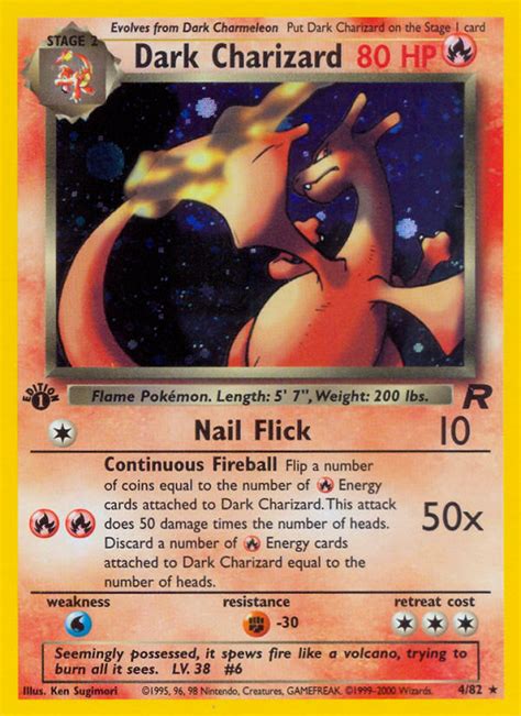 80 HP. Nail Flick. 10. Continuous Fireball. Flip a number of coins equal to the number of Energy cards attached to Dark Charizard. This attack does 50 damage times the number of heads. Discard a number of Energy cards attached to Dark Charizard equal to …. Dark charizard card