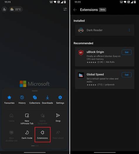 Dark reader android. If you already have Edge for Android installed, go to Extensions menu an...