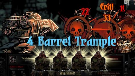 Darkest dungeon moonshine barrel. Description A barrel that reeks of powerful liquors. Occurrence Warrens Result (33.3% odds) The barrel contains stashed treasures. (Gain loot) (33.3% odds) The moonshine is kicked-off, making the hero violently ill. (Gain effect, Blight) (22.2% odds) The barrel is completely empty. (Nothing) 