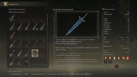 Mar 27, 2024 · Dark Moon Greatsword. Base attack stats: Physical 82, Magic 98, Critical 100; Stat requirements: STR 16, DEX 11, INT 38; The Dark Moon Greatsword holds mythical significance in the Lands Between and it ranks high when compared to other Greatswords in Elden Ring. The weapon has an icy exterior and causes frost build-up on enemies.. 