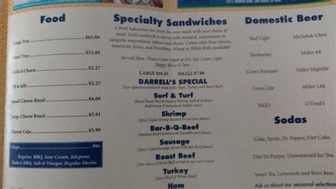 Darrell's lake charles menu. Specialties: Darrell's has been voted number one poboy's in Lake Charles for the last 20 years in a row now! We make all of our sauces from scratch daily and bake our bread to order! We have seven different poboy's on our menu and have a Full Bar monday Through Friday! Established in 1985. Darrell's originally opened as a bar for Darrell and his … 