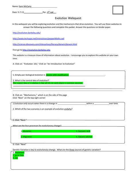 Darwin And Evolution Webquest Answer Key