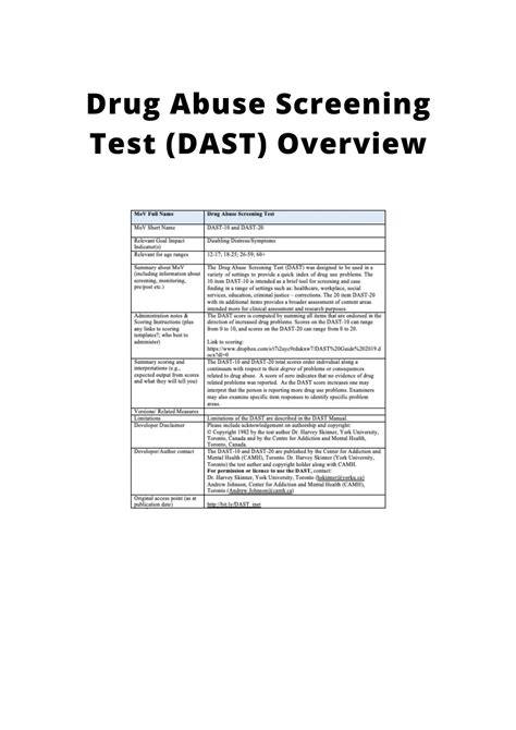 Dast medicine. The DAST provides a brief, self-report instrument for population screening, identifying drug problems in clinical settings and treatment evaluation. DAST-20 and DAST-10 Versions. The DAST was modeled after the widely used Michigan Alcoholism Screening Test (Selzer, 1971). 