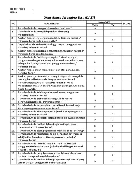 Side one contains the screening questions and side two contains instructions on scoring and interpreting the AUDIT. DAST 10. The Drug Abuse Screen Test (DAST-10) was designed to provide a brief, self-report instrument for population screening, clinical case finding and treatment evaluation research. It can be used with adults and older youth. . 