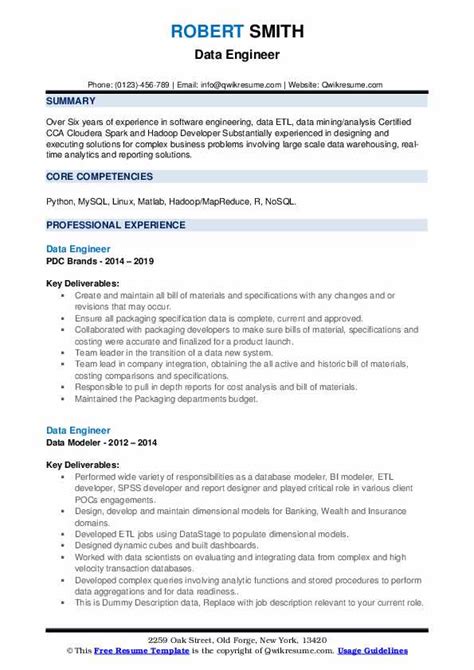 Data Engineer Resume Samples QwikResume