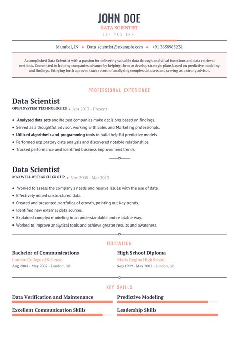 Data Scientist Resume Example With Prefilled Content CraftmyCV