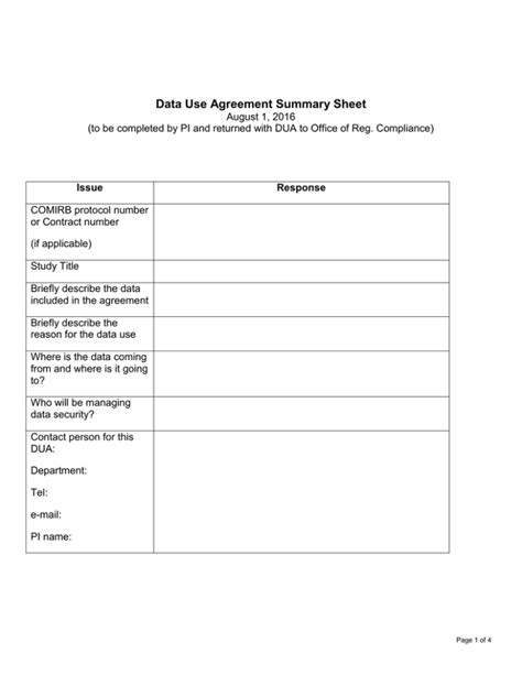 Data Use Agreement Summary Sheet