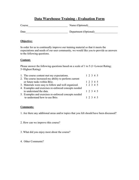 Data Warehouse Training Evaluation Form in Word and Pdf formats