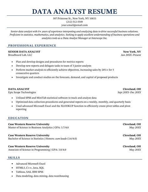 Data analyst resume example. Example #2: entry-level data analyst resume. If you have already graduated from college and looking for your first full-time job, look at the below entry-level data analyst resume sample: Ryan Garcia. Address: 456 Fictitious Ave, Phoenix, AZ. Phone: (555) 987-6543. Email: ryan.garcia@email.com. 