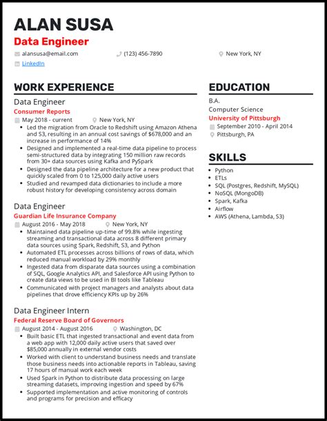 Data engineer resume. Staff Data Engineer. 01/2013 - 11/2015. Los Angeles, CA. Assess data quality and recommend improvements to the customer based on their needs and their data’s capability. Support HomeAway’s product and business team’s specific data and reporting needs on a global scale. MS in Computer Science or related experience with 1+ years in Machine ... 