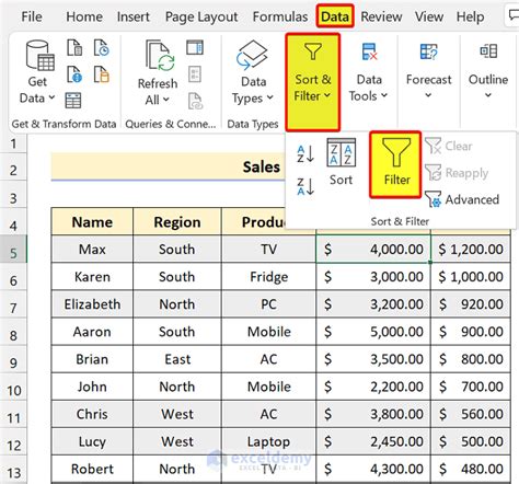 Data sorting and filtering in excel