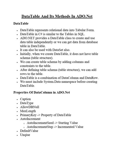 Datatable collection. NET is a database table representation and provides a collecti...