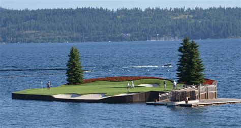 Golf. The Coeur d’Alene Golf Course is famous for it’s “Floating Green” on the 14th hole, which is reached via a boat. The 6,803 yard, par-71 course, designed by Scott Miller, has four .... 