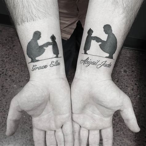 Hold My Hand Father Daughter Tattoos. This tattoo is a classic choice for a father and daughter duo, where a small girl is depicted holding her father’s hand. This tattoo represents the idea that the father is the guiding light and support system in his daughter’s life. 15. Thumbprint Heart Father Daughter Tattoos.. 