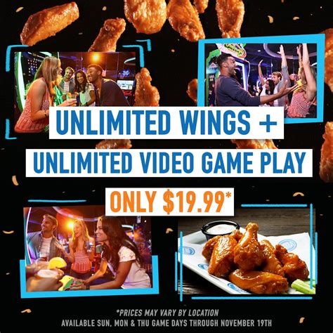 Dave and buster all you can eat wings. *Promotional. All You Can Eat Wings. Offer valid only from 9/7/23-12/28/23. Promotion valid one per person, per seating, on premise. Get traditional and boneless wings with Buffalo, Honey BBQ, or No Sauce. First individual order includes 8 traditional or boneless wings and side of ranch. Reorders include 6 traditional or boneless wings. 