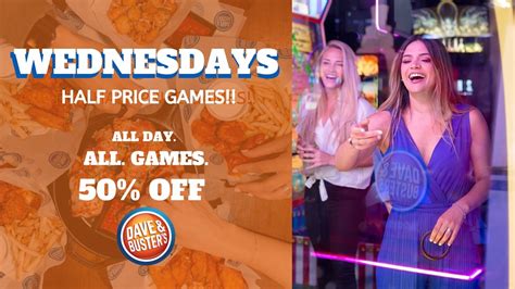 Dave and busters half off games. 3023 SW 45th St., Gainesville, FL, 32608. (352) 448-2900. Visit Website. Visit Social Media Page. Verified: 17 March 2024. View Map Get Directions. Print This Page. Get 1/2 price games all day every Wednesday from open to close! Dave & Busters features 18,500 square-feet of entertainment, including a chef crafted food menu, … 