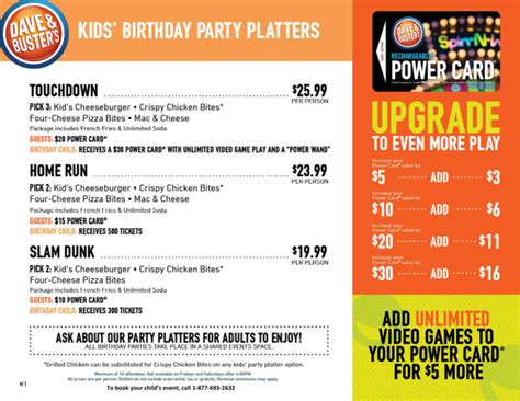 Dave and busters party packages. How much does a party with Dave and Busters cost? We went with the $24.99 per person package, which included a delicious buffet of bar food and $10 in game tokens per person. At Dave and Buster’s, how much is unlimited play? Unlimited Wings Is it possible to bring Dave and Busters a birthday cake? Is it possible to bring a cake or cupcakes ... 