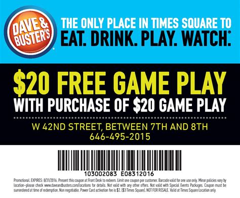 Dave and busters printable coupons 2023. The "$1 Off Wine Glasses" offer was added to the Dave & Buster's store page. 13th July 2021, 2:29am; The "$1 Off 22 oz Drafts" offer was added to the Dave & Buster's store page. 13th July 2021, 2:27am; The "Sign Up To The Newsletter For Special Offers and Promotions" offer was added to the Dave & Buster's store page. 13th July 2021, 2:22am 