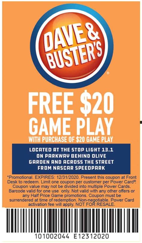 Dave and busters promo code. We have recently updated 31 Dave and Busters Promo Code for your convenience. At Valuecom.com you could save as much as 30% this March. For most of Dave and Busters Coupon Code listed, our editors try their best to test and verify so as to improve your shopping experience. Check our latest Dave and Busters Discount Code to get extra savings ... 