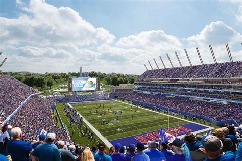 David Booth Kansas Memorial Stadium. Perfect spot. High enough for a great vantage point. Pretty good seats! KU Lost 34-56 to the Mountaineers! Saturday, 9/23/2017. Very close to the 50 yd line and directly behind the Home team bench!. 