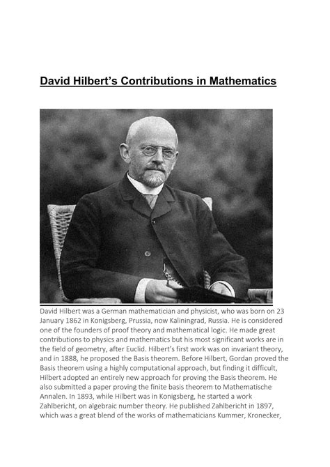 David hilbert contributions to mathematics