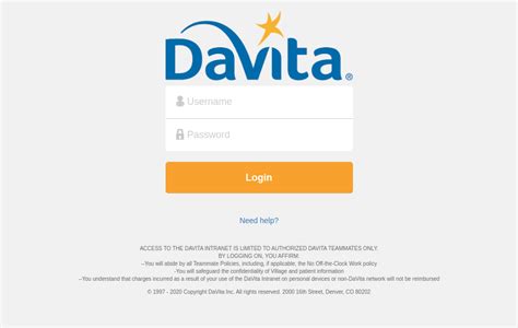 Davita employee login village web. ACCESS TO THE DAVITA INTRANET IS LIMITED TO AUTHORIZED DAVITA TEAMMATES ONLY. BY LOGGING ON, YOU AFFIRM: --You will abide by all Teammate Policies, including, if applicable, the No Off-the-Clock Work policy -You will safeguard the confidentiality of Village and patient information --You understand that charges incurred as a result of your use of the DaVita Intranet on personal devices or non ... 