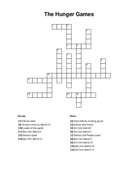 Dawson of hunger games crossword clue. Find the latest crossword clues from New York Times Crosswords, LA Times Crosswords and many more. Enter Given Clue. ... Dawson of "The Hunger Games: Mockingjay" 